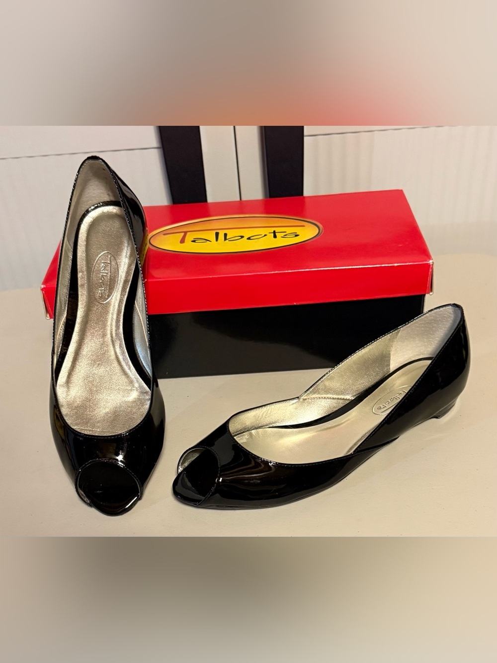 Talbots “Sonata4” Black Patent Peep-Toe Flats with Low Heel